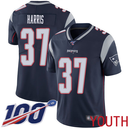 New England Patriots Football #37 100th Season Limited Navy Blue Youth Damien Harris Home NFL Jersey